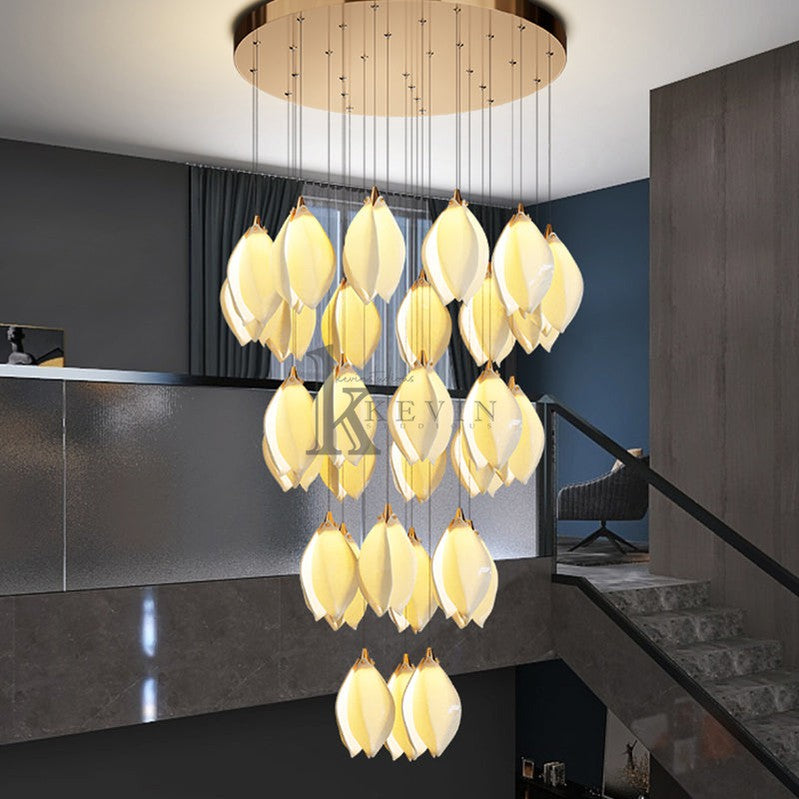Elyta Ceramic Magnolia Flower Staircase Round Chandelier Light Branch Chandelier Kevin Studio Inc 24 L