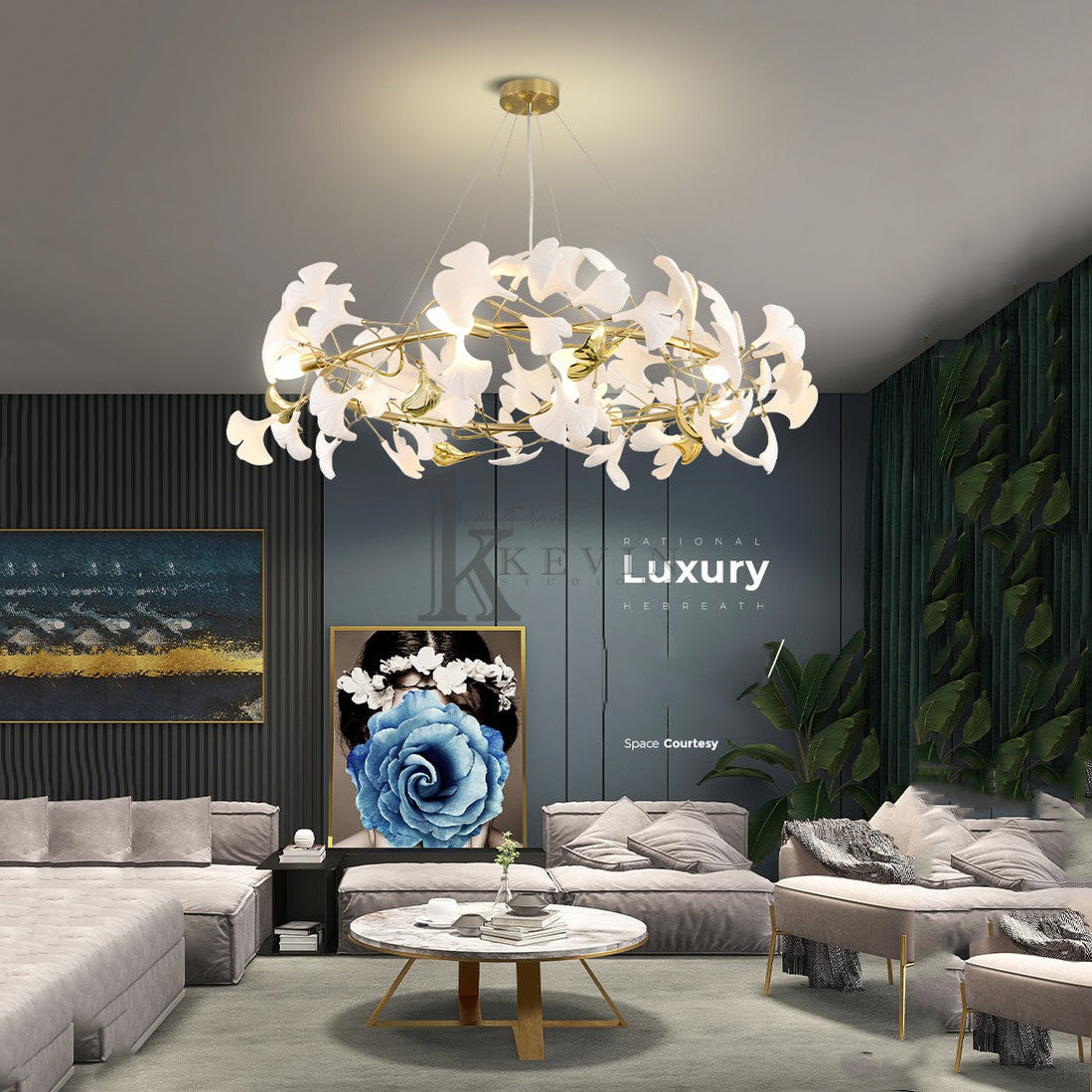 Cullen Fleur-de-lis Ceramic Modern Round Branch Chandelier For Living Room, Chandelier Over Dining Table Chandelier Kevin Studio Inc