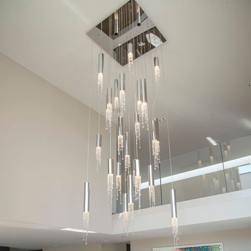 Foyer Staircase Chrome Ceiling Light Fixture Silver Crystal Pendant Chandelier For Hallway Entrance Chandeliers kevinstudiolives
