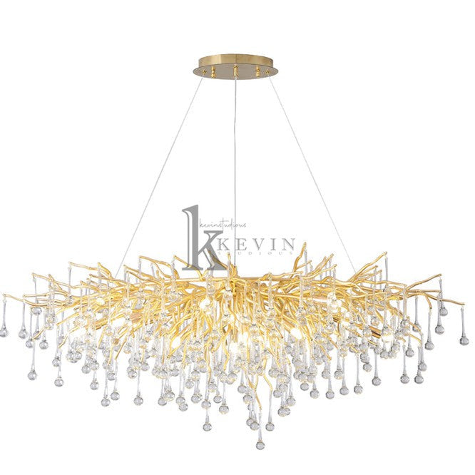 Sivan Modern Crystal Droplet Gold Branch Chandelier, Gold 45", Rectangular Chandelier Over Dining Table, Living Room Branch Chandelier Kevin Studio Inc