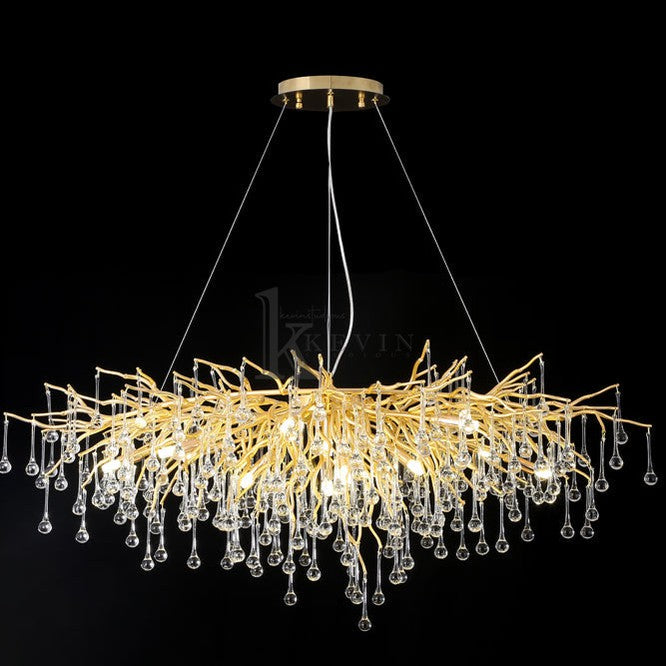 Sivan Modern Crystal Droplet Gold Branch Chandelier, Gold 45", Rectangular Chandelier Over Dining Table, Living Room Branch Chandelier Kevin Studio Inc