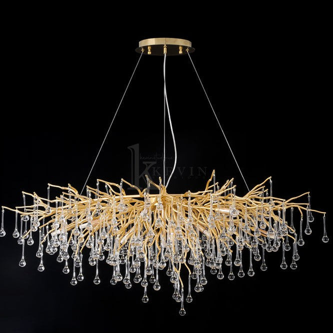 Sivan Modern Crystal Droplet Gold Branch Chandelier, Gold 45", Rectangular Chandelier Over Dining Table, Living Room Branch Chandelier Kevin Studio Inc
