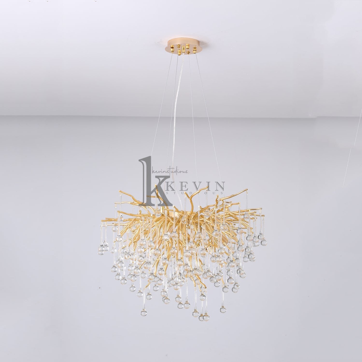 Sivan Crystal Droplet Gold Branch Chandelier, Gold 23.5", Round Chandelier Over Dining Table Branch Chandelier Kevin Studio Inc