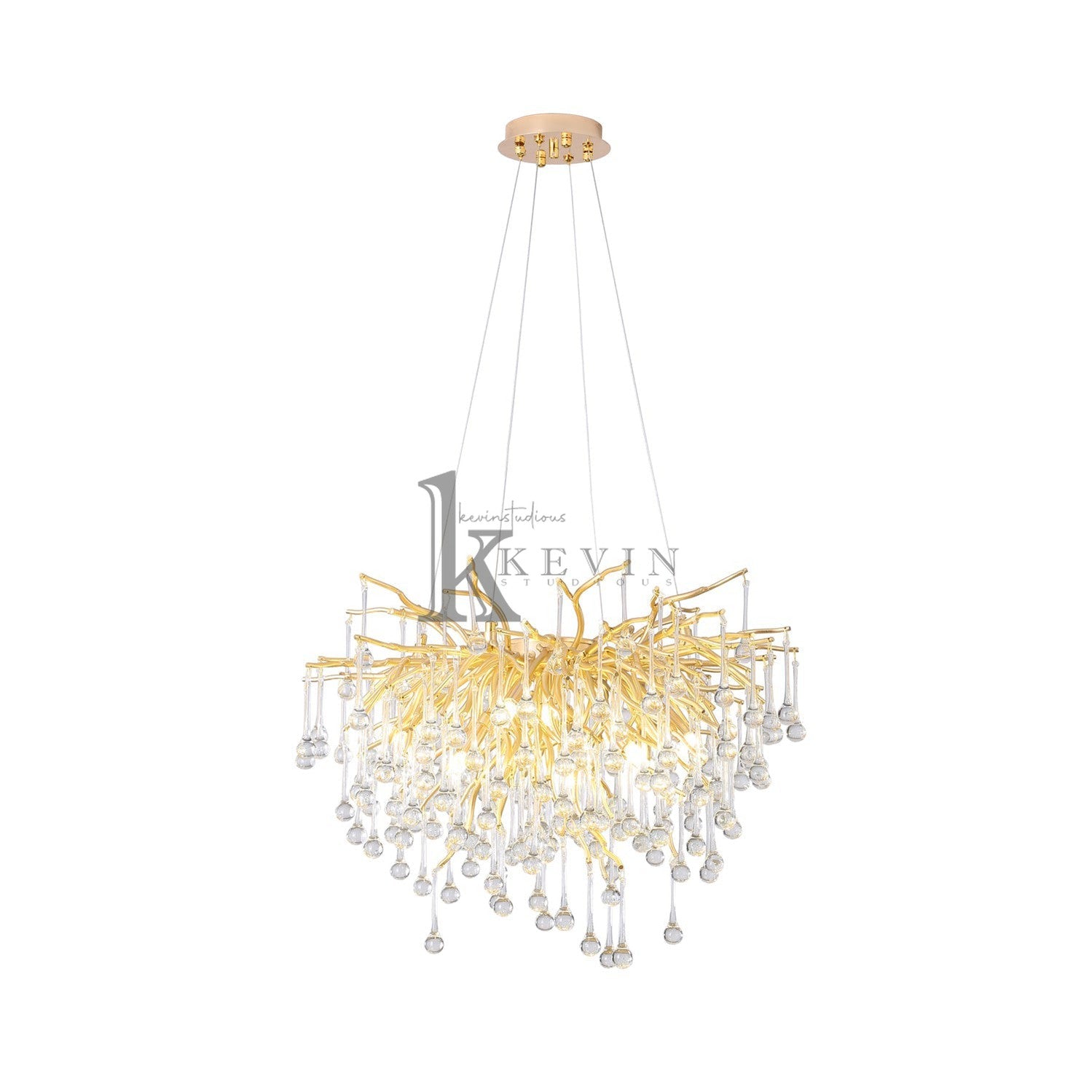 Sivan Crystal Droplet Gold Branch Chandelier, Gold 23.5", Round Chandelier Over Dining Table Branch Chandelier Kevin Studio Inc