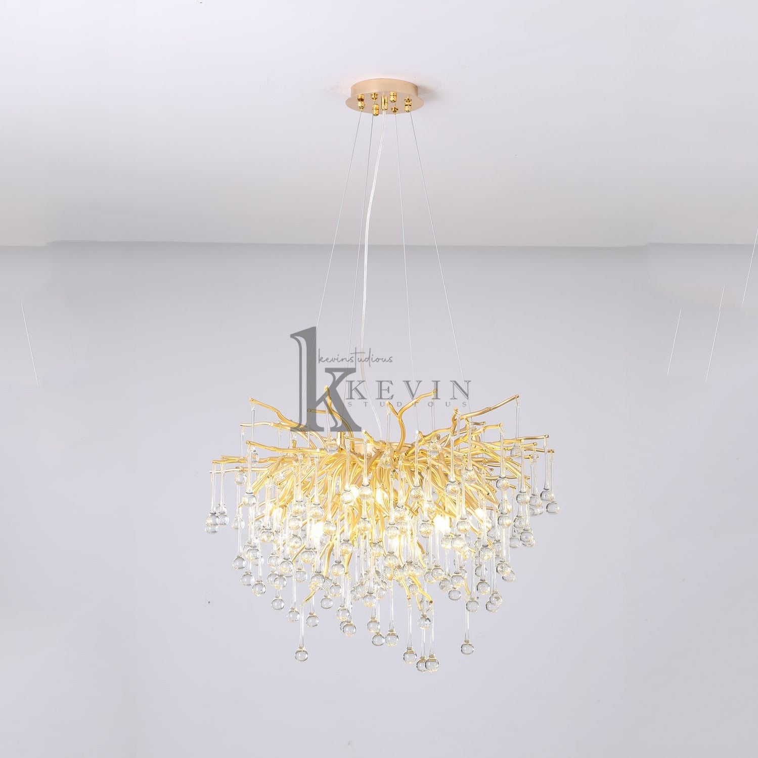 Sivan Crystal Droplet Gold Branch Chandelier, Gold 23.5", Round Chandelier Over Dining Table Branch Chandelier Kevin Studio Inc