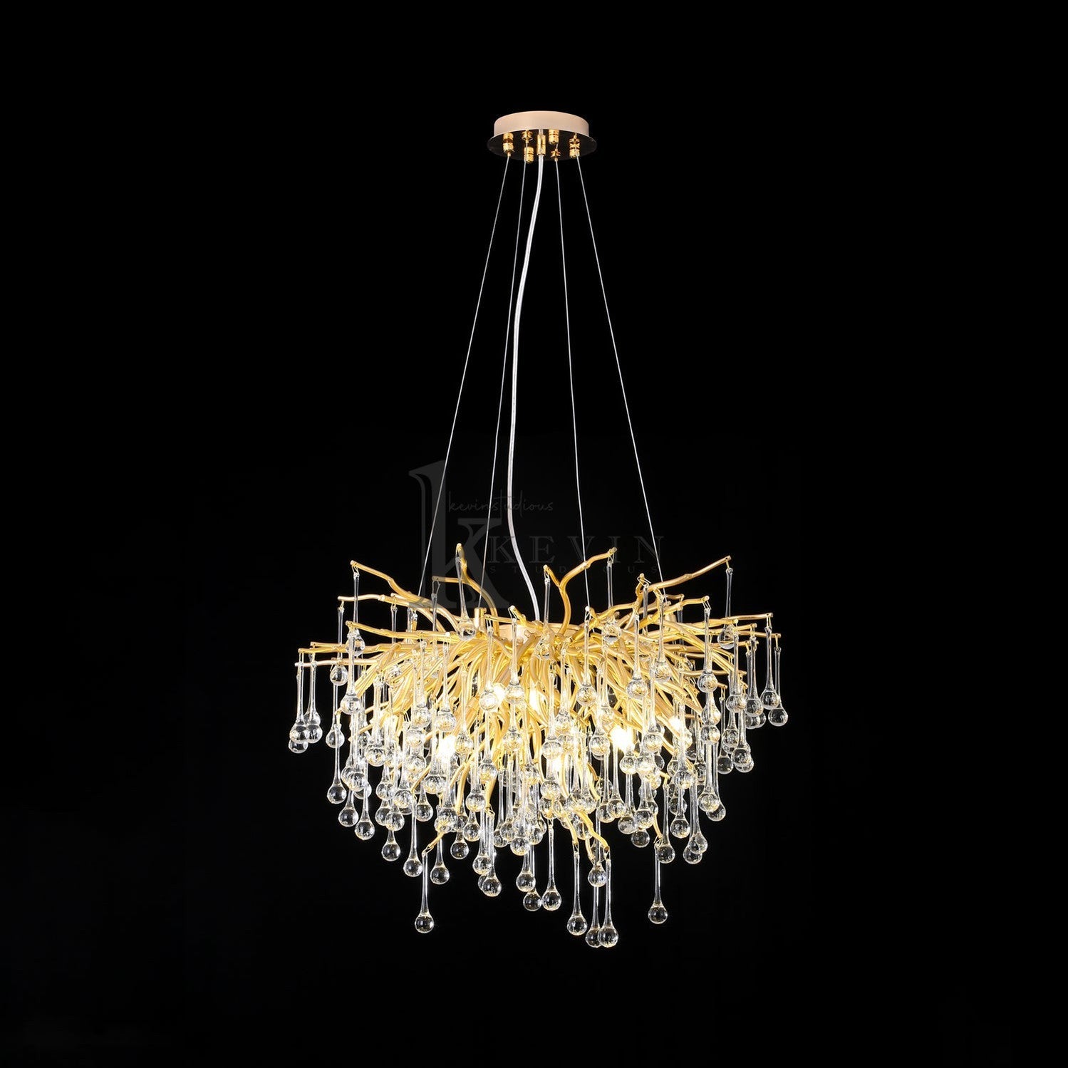 Sivan Crystal Droplet Gold Branch Chandelier, Gold 23.5", Round Chandelier Over Dining Table Branch Chandelier Kevin Studio Inc