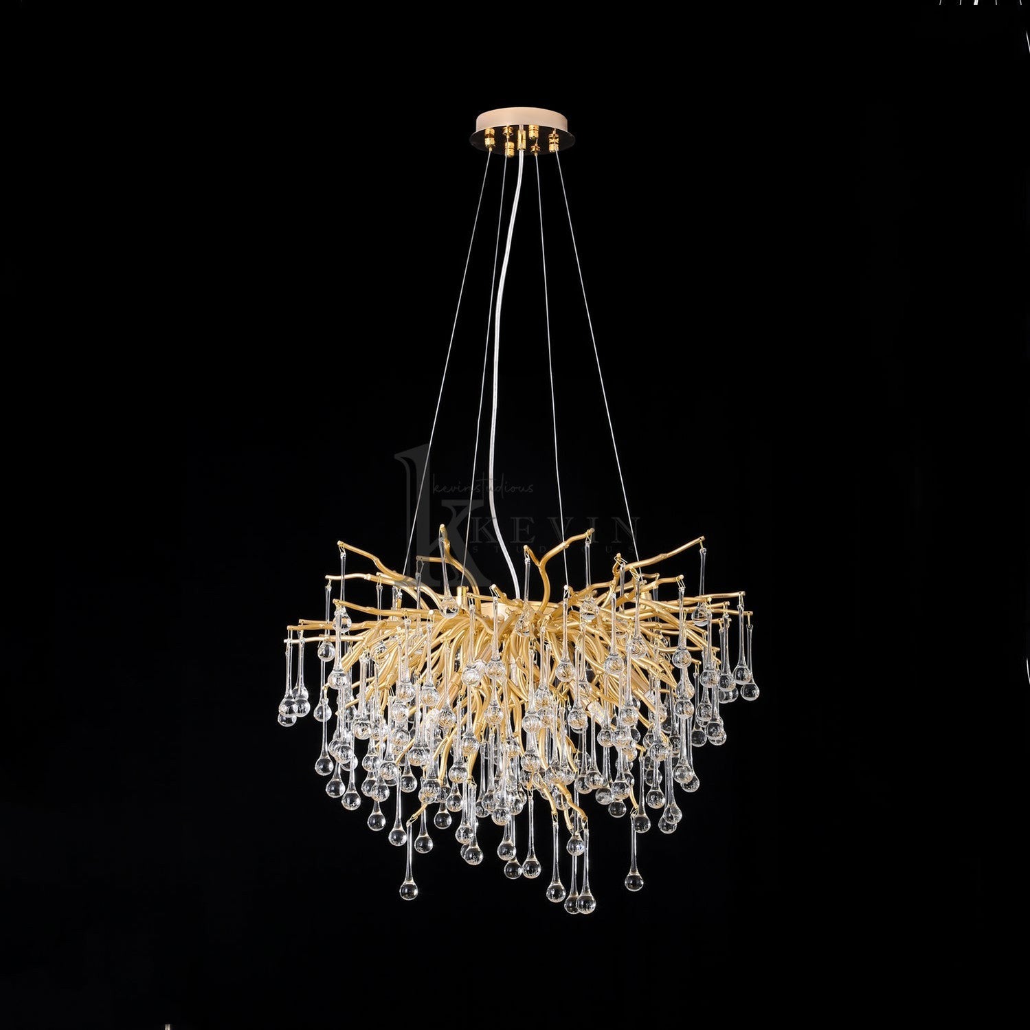 Sivan Crystal Droplet Gold Branch Chandelier, Gold 23.5", Round Chandelier Over Dining Table Branch Chandelier Kevin Studio Inc