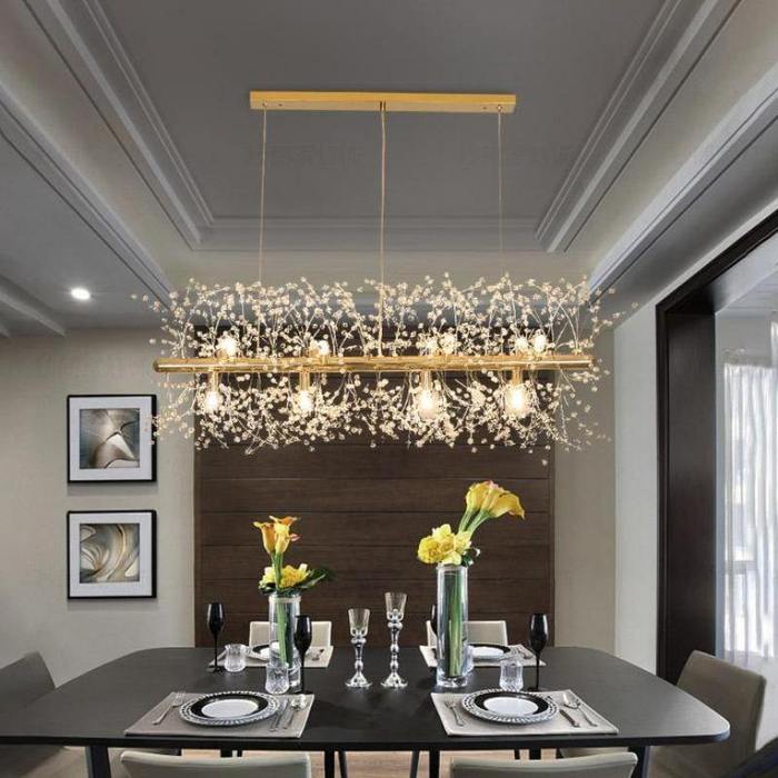 Pecan Modern Kitchen Island Lighting Fixture, Linear Crystal Chandelier Pendant Light Kevin Studio Inc Gold