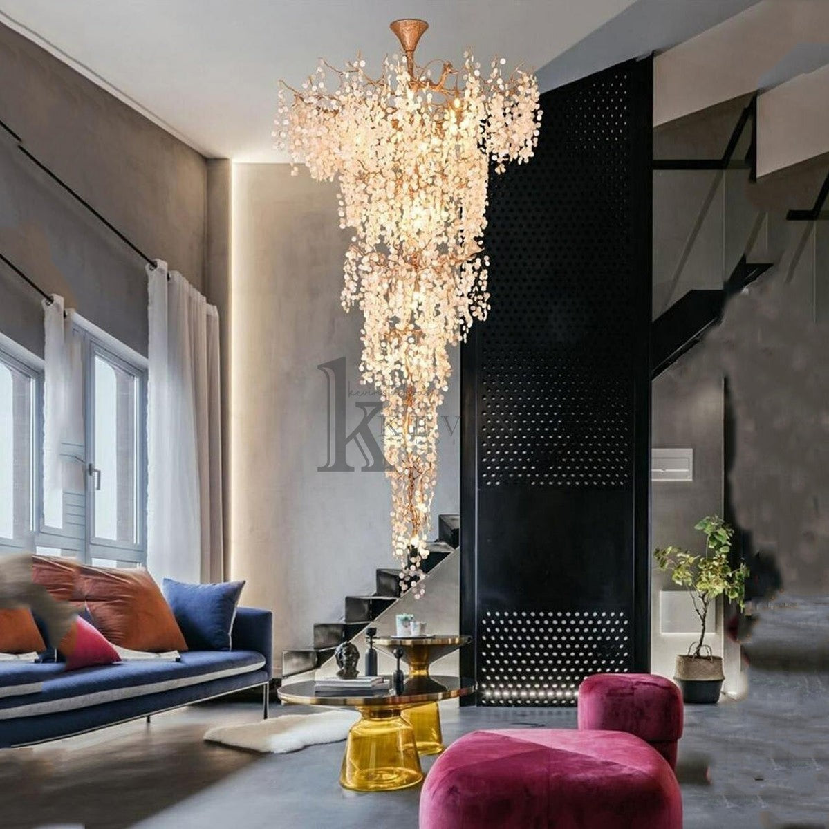 Electra Blossom Petal Detail Grand Staircase Chandelier Branch Chandelier Kevin Studio Inc