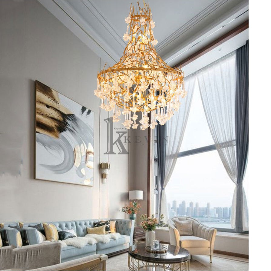 Caleb Modern Crystal Drop Brass Branch Chandelier Branch Chandelier Kevin Studio Inc