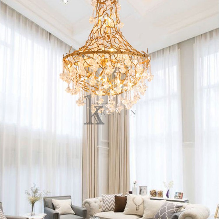 Caleb Modern Crystal Drop Brass Branch Chandelier Branch Chandelier Kevin Studio Inc