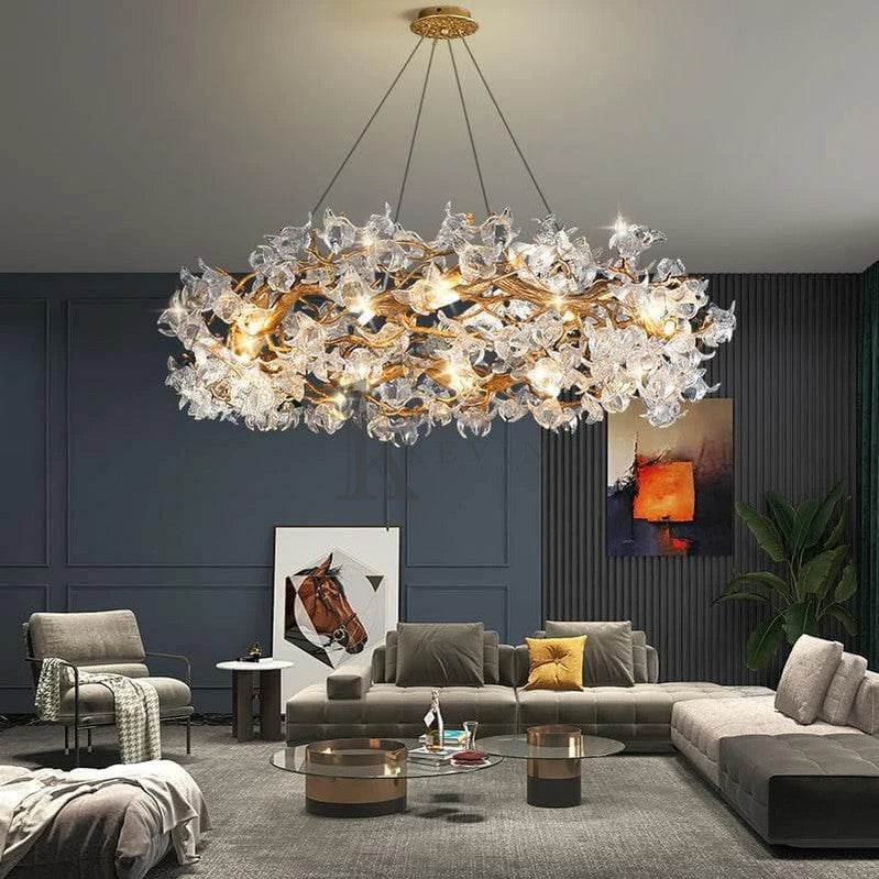 Connie Modern Petal Crystal Round Brass Branch Chandelier For Living Room Branch Chandelier Kevin Studio Inc 59" W X 20" H
