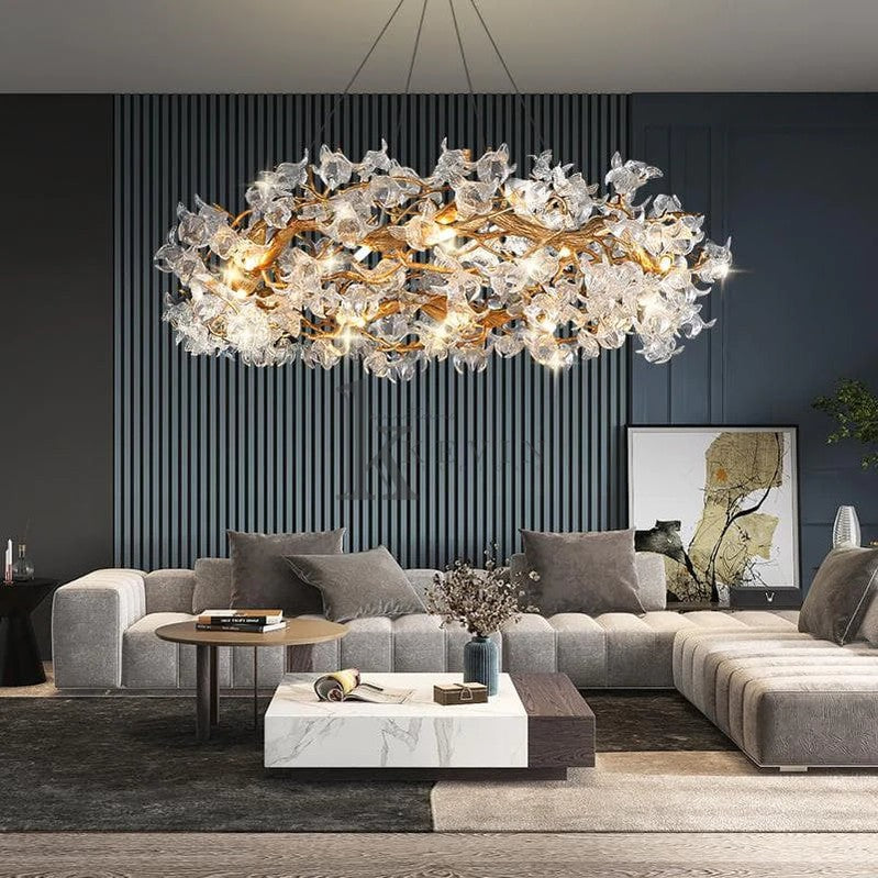Connie Modern Petal Crystal Round Brass Branch Chandelier For Living Room Branch Chandelier Kevin Studio Inc 47" W X 18" H