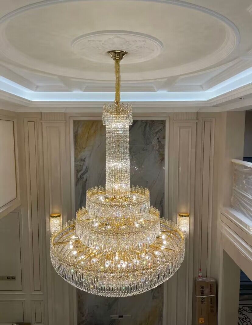 Luxury Oversized Gold European Crystal Chandelier 3-tiered Medium-length for Foyer/Staircase/Hallway/Entrway Chandeliers kevinstudiolives