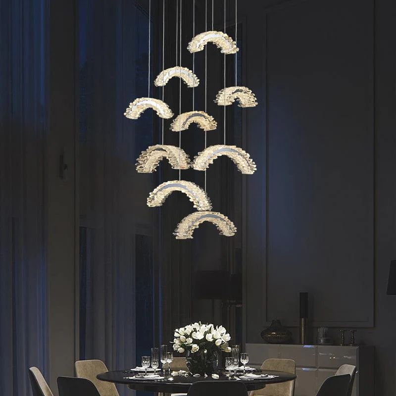 Nonna Modern Rock Crystal Crescent Chandelier Over Dining Table, Staircase Chandelier Chandelier Kevin Studio Inc
