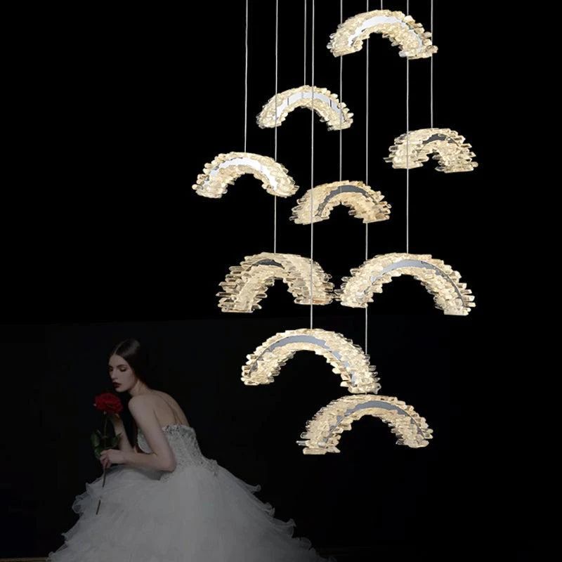 Nonna Modern Rock Crystal Crescent Chandelier Over Dining Table, Staircase Chandelier Chandelier Kevin Studio Inc