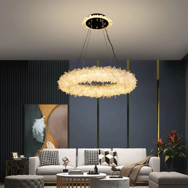 Modern Rock Crystal Halo Chandelier Over Dining Table Chandelier Kevin Studio Inc 31.5" D