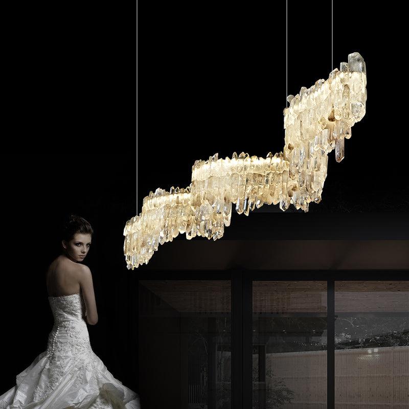 Grann Modern Rock Crystal Linear Chandelier Over Dining Table Chandelier Kevin Studio Inc