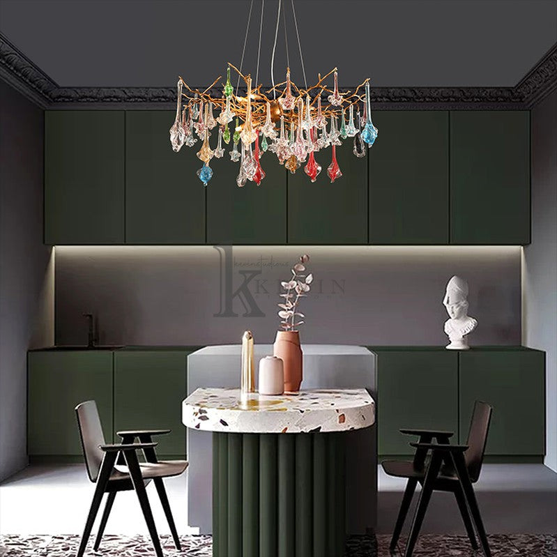 Carin Colored Glass Drop Round Branch Chandelier Branch Chandelier Kevin Studio Inc