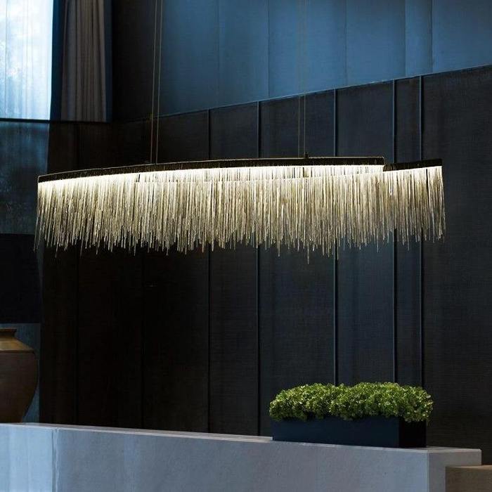 Dyamon Stainless Steel Chain Tassel Chandelier Over Dining Table Chandelier Kevin Studio Inc