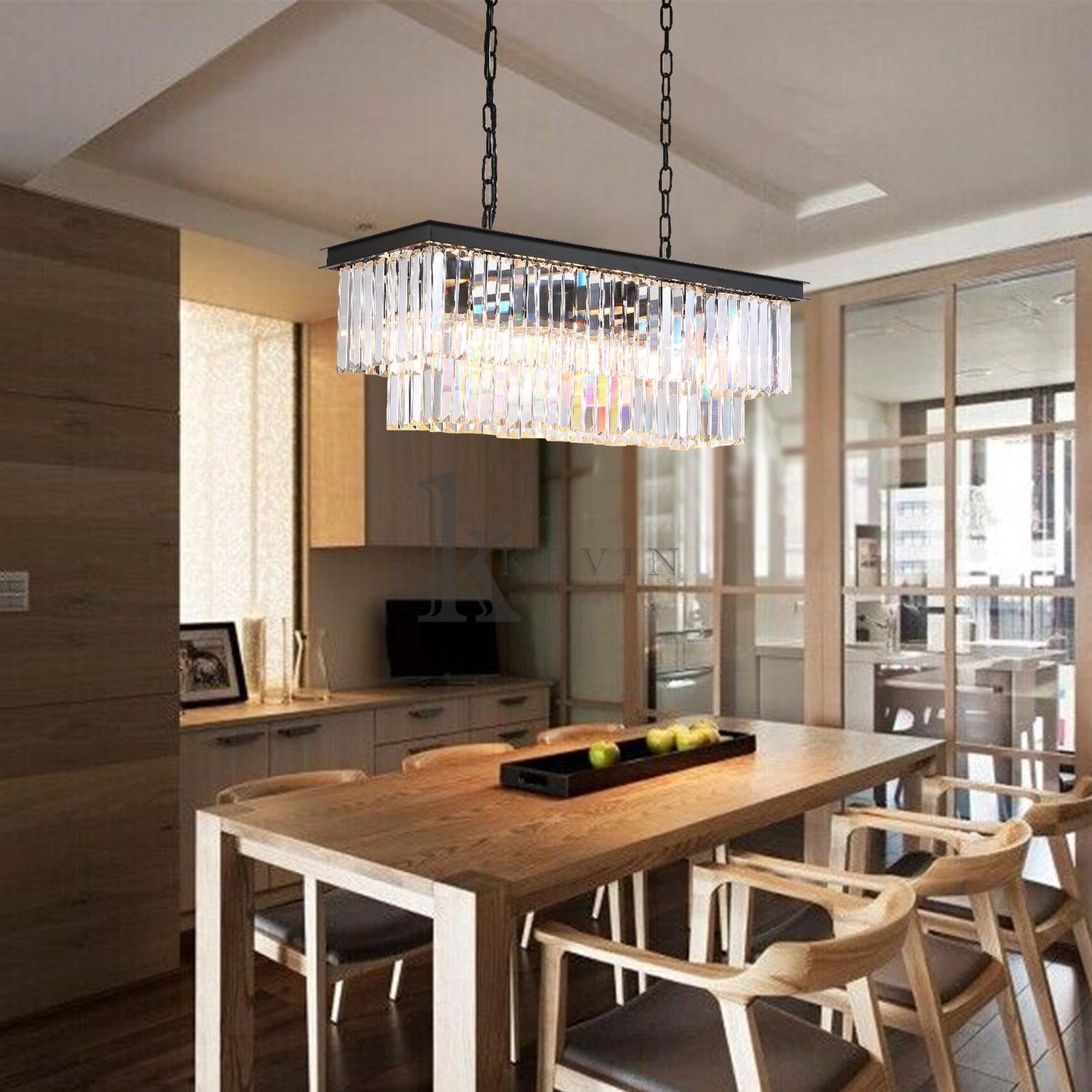 Lova Modern 2-Tier Rectangular Crystal Chandelier Over Dining Table chandelier Kevin Studio Inc   