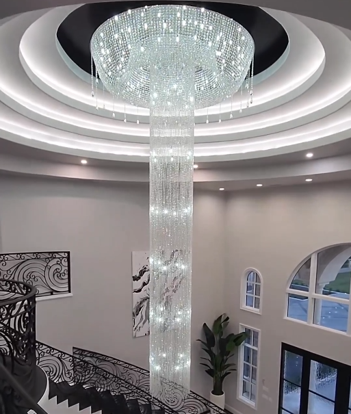 Extra Large Flush Mount Silver Waterfall Luxury Ceiling Crystal Chandelier for High-ceiling Living Room/Duplex Hall