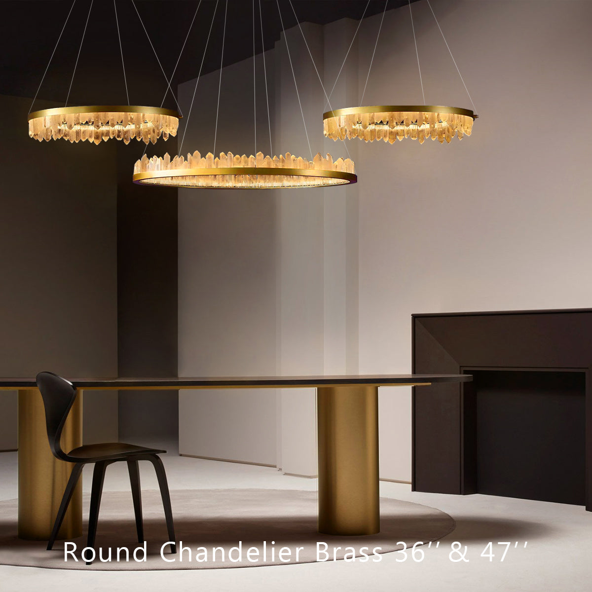 36 Inch Round Modern Chandelier Brass & Clear Geode Quartz Crystal Chandeliers Kevin Studio Inc Three Rings 36'' + 36'' + 47'' Brass 