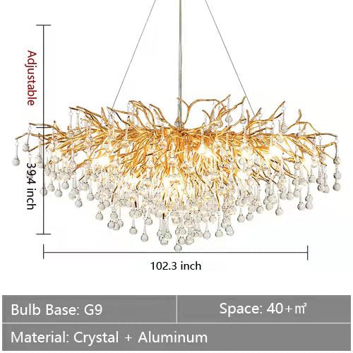 Stunning Tree Branch Crystal Chandelier With Clear Teardrop-shaped Glass Living/Dining Room Ceiling Lamp/Light Chandeliers Kevinstudiolives Rectangle L102.4”*W39.4”*H25.6”/25 Lights Gold Warm Light