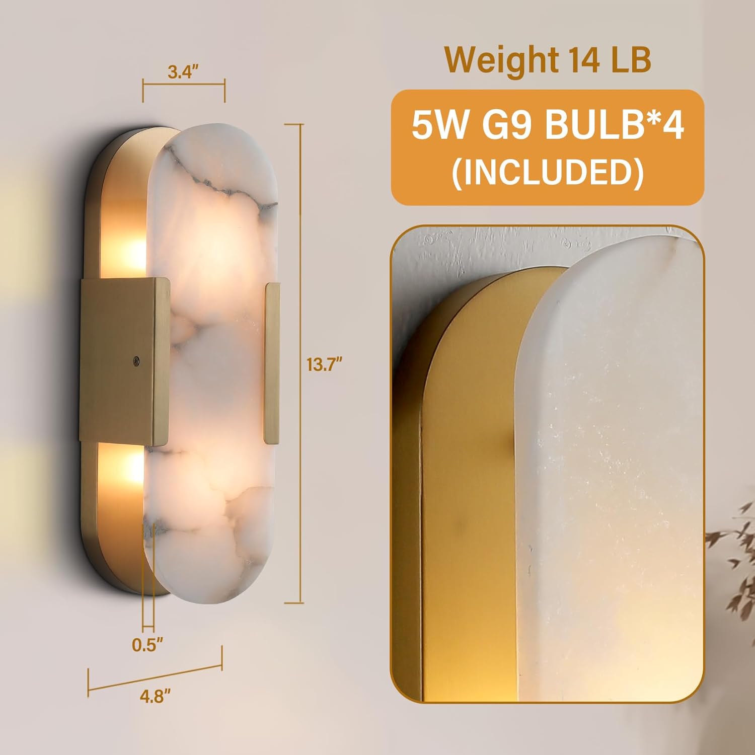 Elegant Alabaster Wall Sconces Set: Natural Marble Brass Bedside Lighting Fixtures