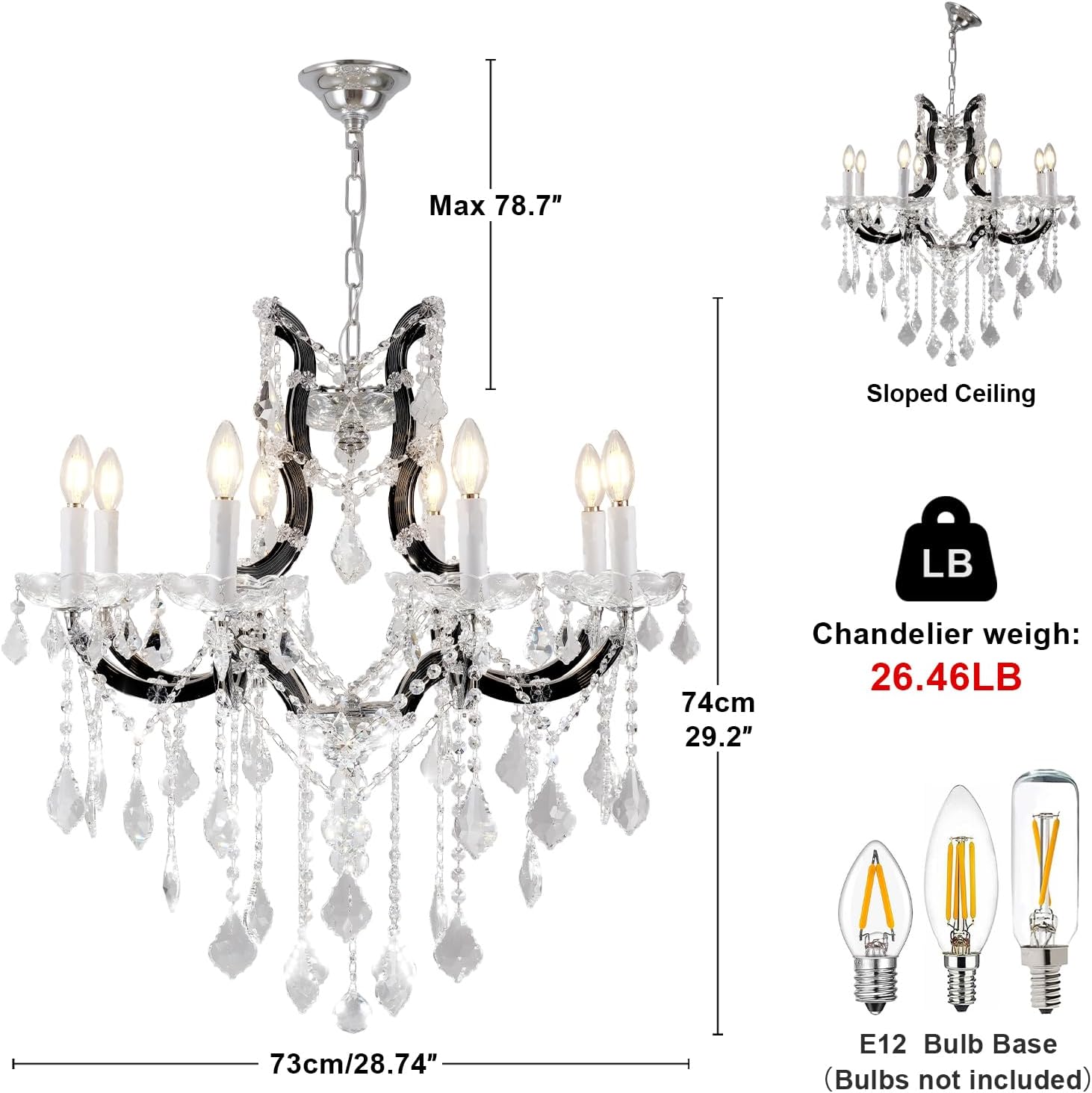 Elegant Black Crystal Chandelier: Modern 8-Light Candle Fixture for Grand Spaces