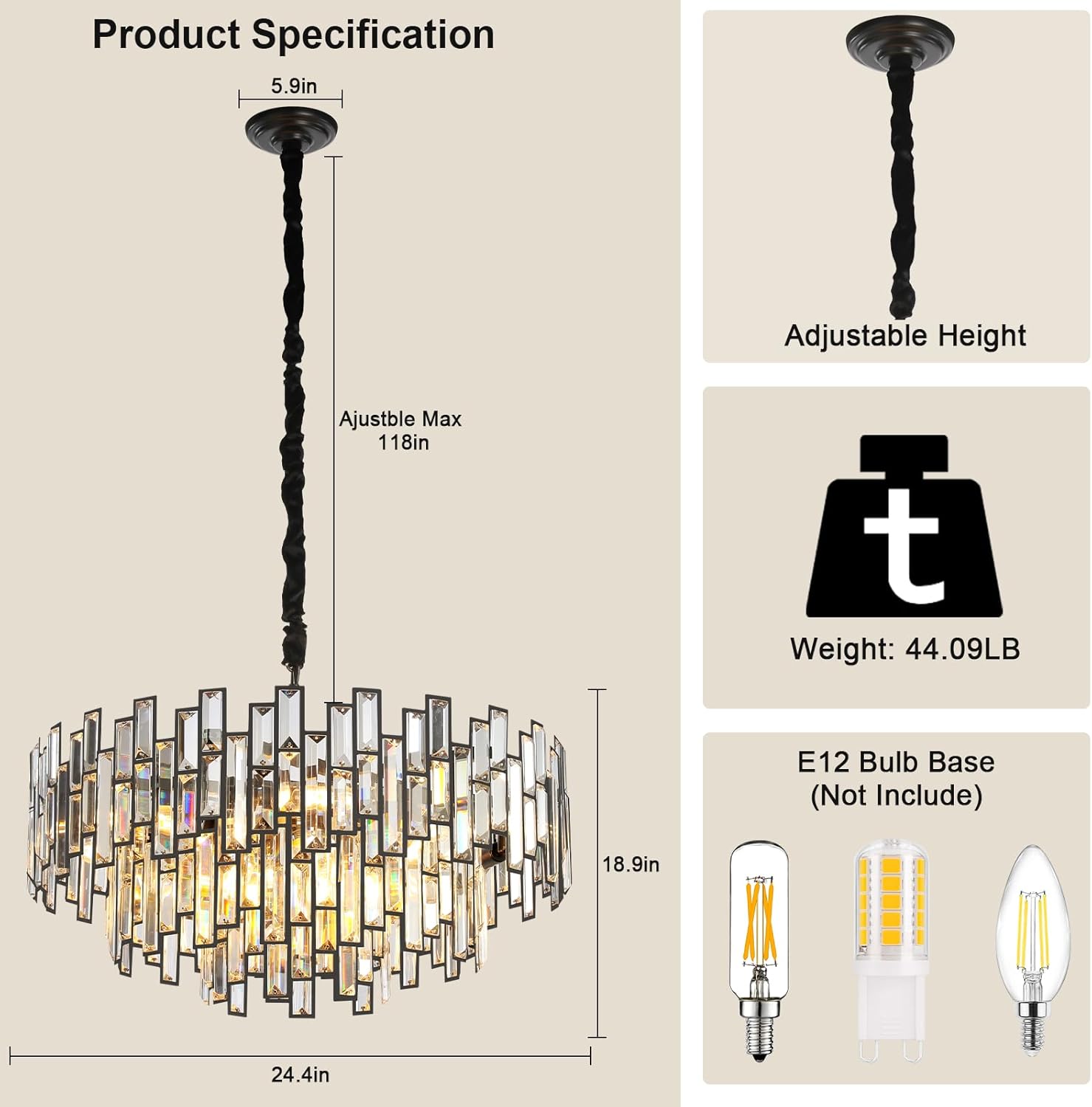 Luxurious 24.4" Black Crystal Chandelier, 3-Tier Modern Round K9 Pendant Light