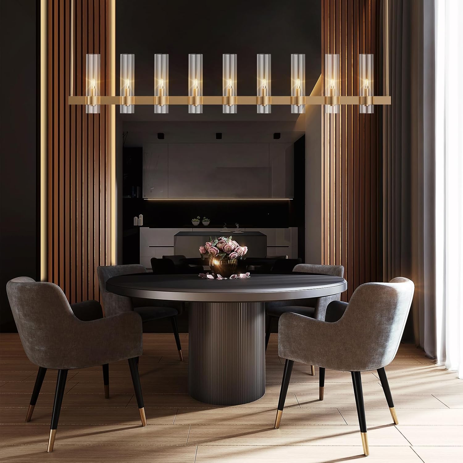 Brass Kitchen Island Lighting - 9-Light Linear Chandelier, Adjustable 61'' Modern Farmhouse