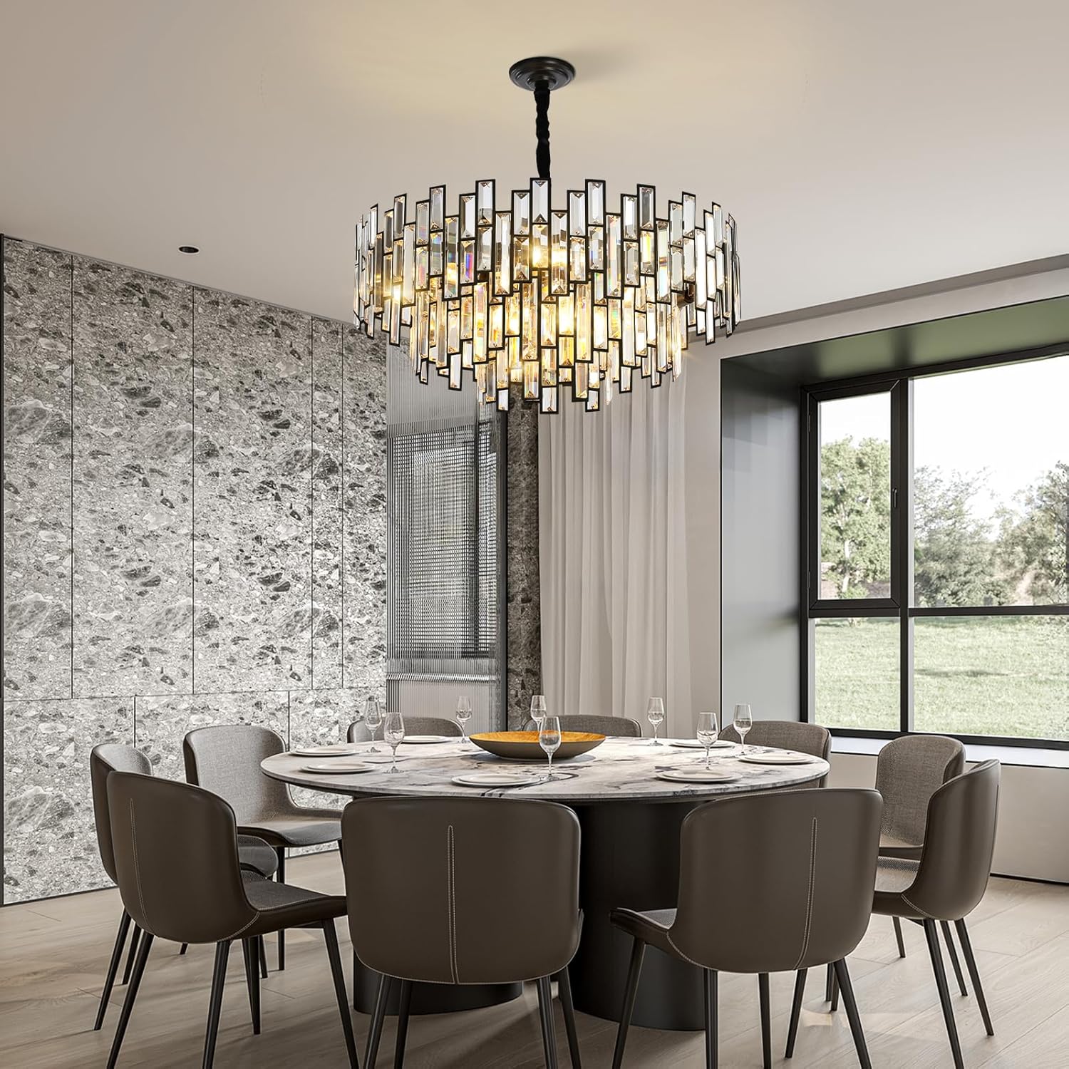 Luxurious 24.4" Black Crystal Chandelier, 3-Tier Modern Round K9 Pendant Light