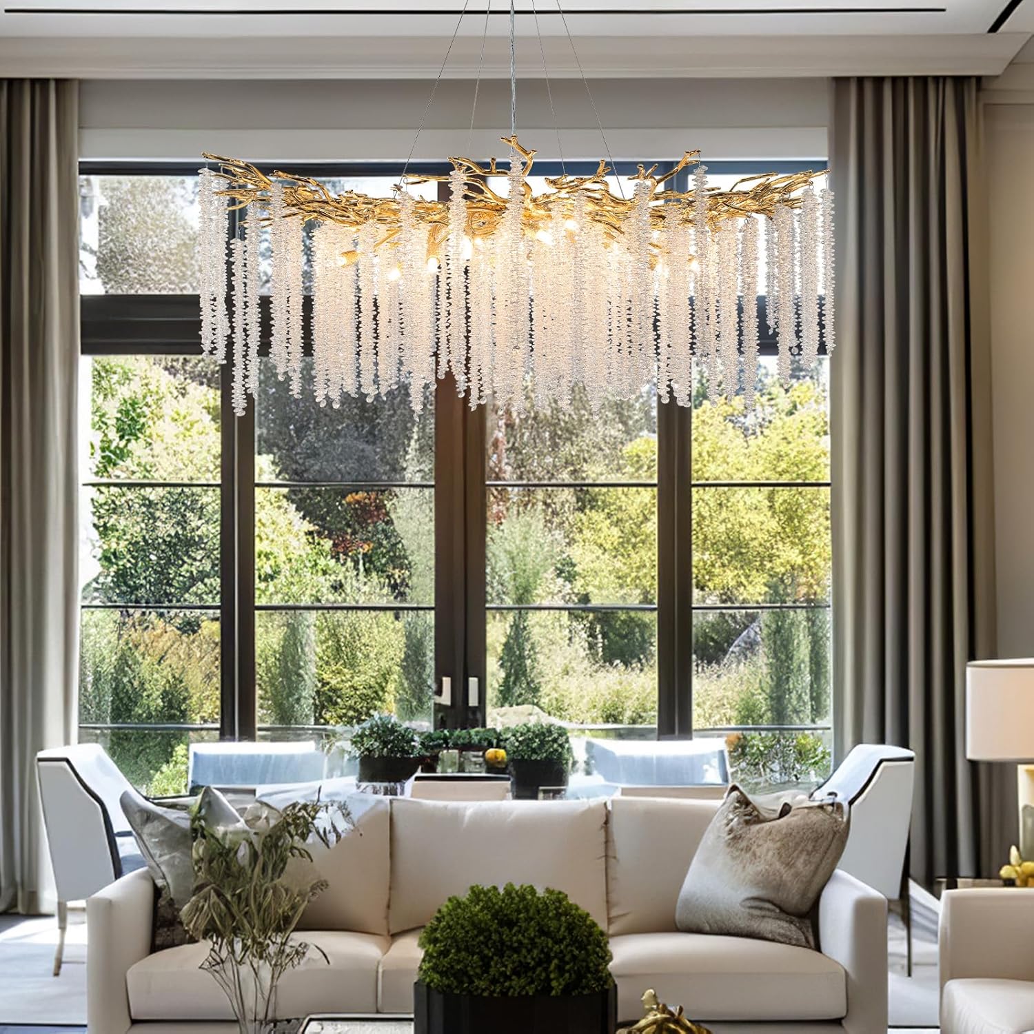 YUYI Modern Crystal Chandelier, Gold Tree Branch, 47.2" Round Luxury High Ceiling