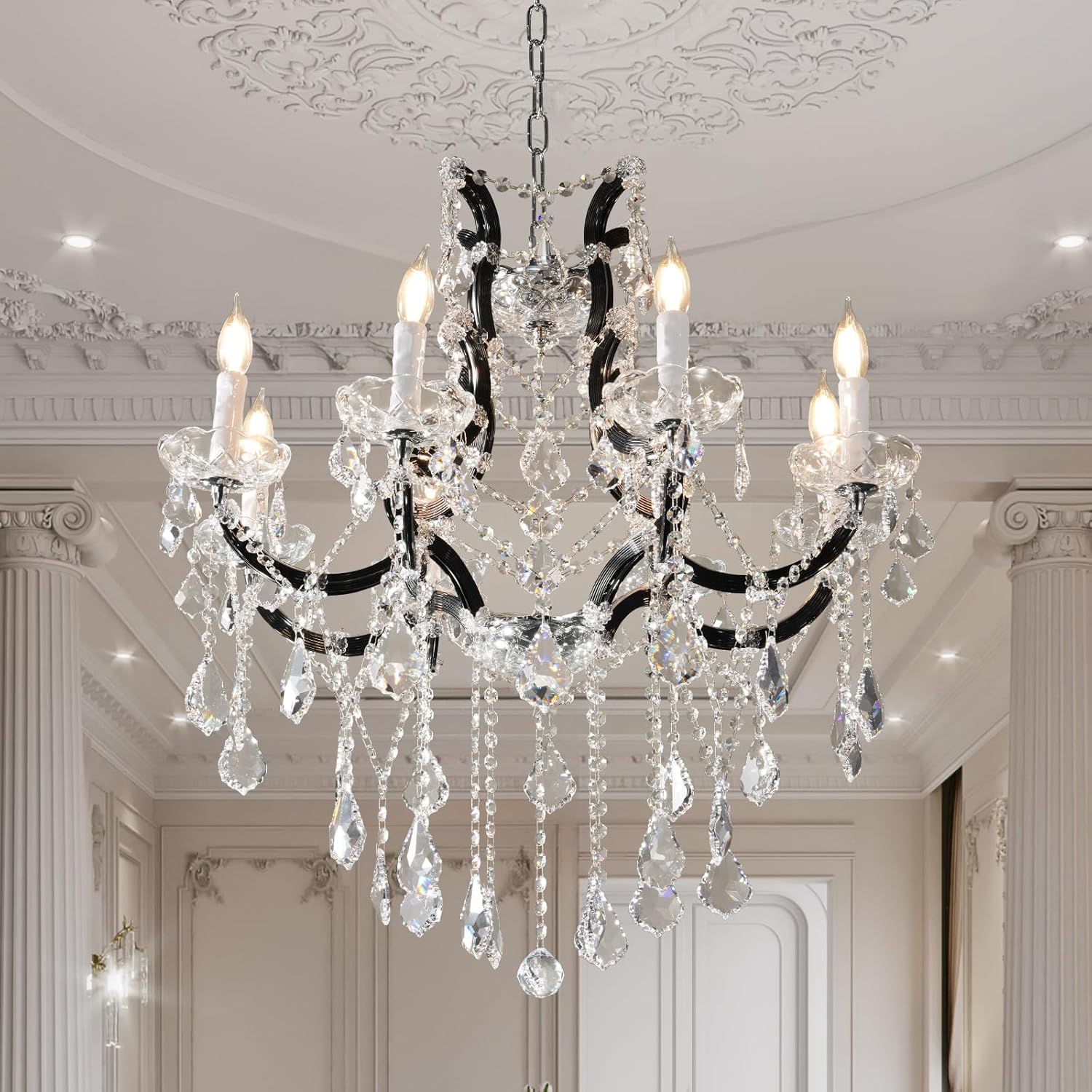 Elegant Black Crystal Chandelier: Modern 8-Light Candle Fixture for Grand Spaces