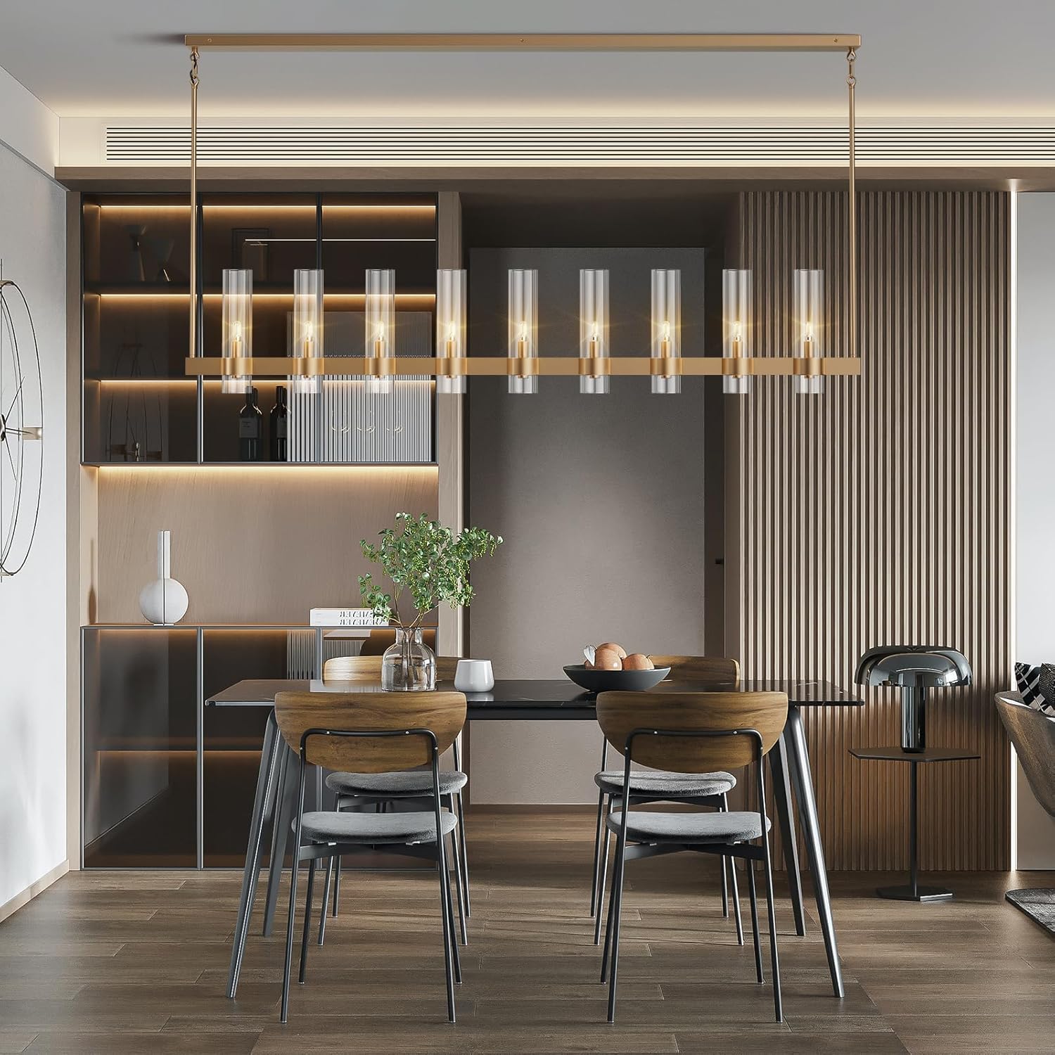 Brass Kitchen Island Lighting - 9-Light Linear Chandelier, Adjustable 61'' Modern Farmhouse