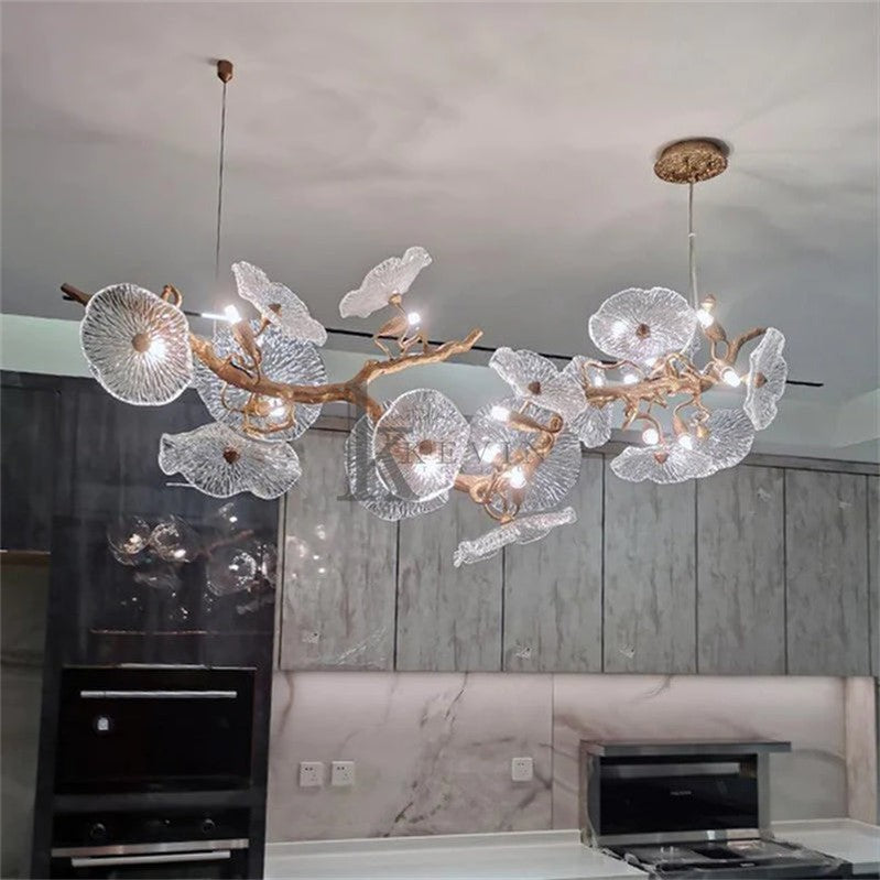 Aruna Modern Leaf Glass Flower Linear Branch Chandelier, Island Chandelier Branch Chandelier Kevin Studio Inc 68.9" L X 17.7" W X 25.6" H  