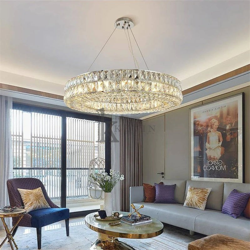 Quincy Modern Crystal Wheel Round Chandelier , Chrome, Round Crystal Chandelier For Living Room chandelier Kevin Studio Inc   