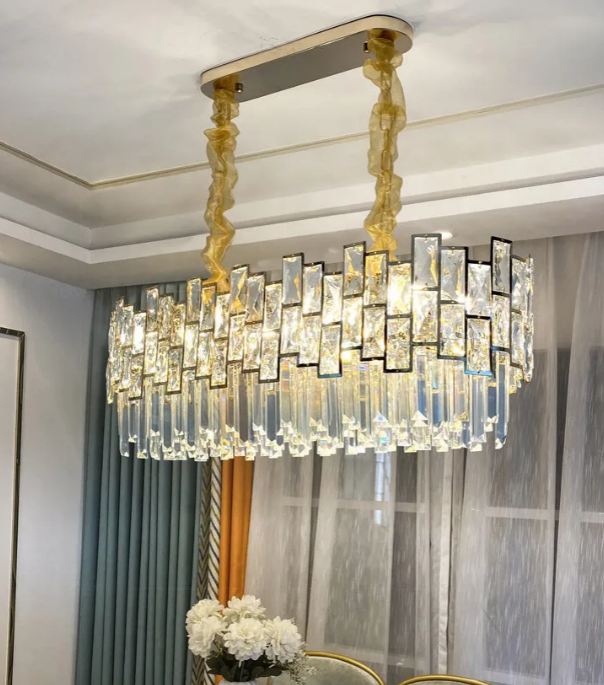 Emery Modern Crystal Linear Chandelier Over Dining Table Chandeliers Kevin Studio Inc   