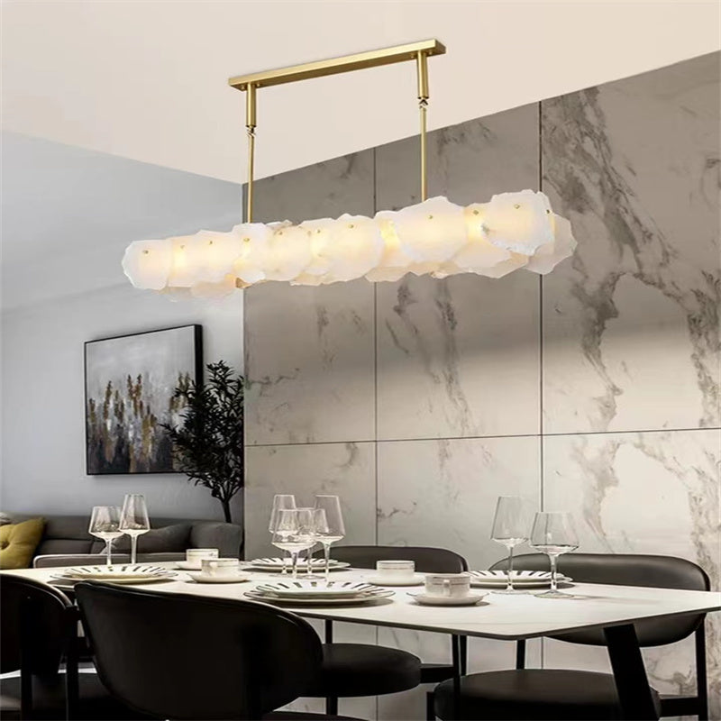 Carlos Alabaster Modern Snowflake Linear Chandelier Over Dining Table chandelier Kevin Studio Inc   