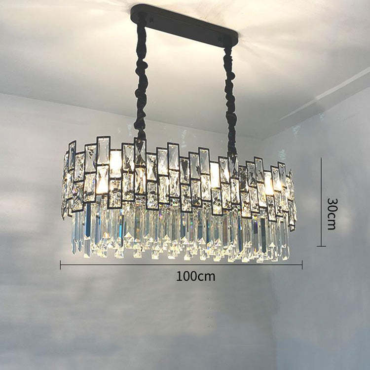 Emery Modern Crystal Linear Chandelier Over Dining Table Chandeliers Kevin Studio Inc   