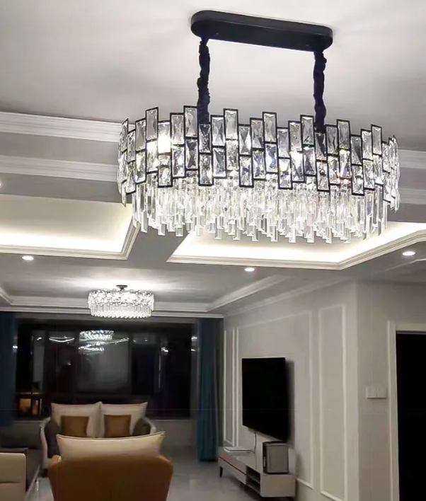 Emery Modern Crystal Linear Chandelier Over Dining Table Chandeliers Kevin Studio Inc   