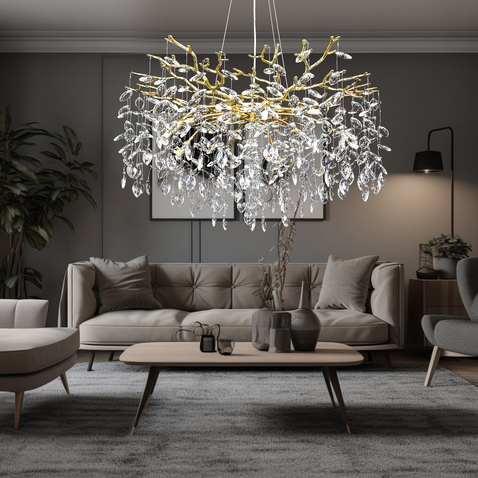 Helios Modern Round Gold Clear Crystal Branch Chandelier For Living Room Branch Chandelier Kevin Studio Inc   