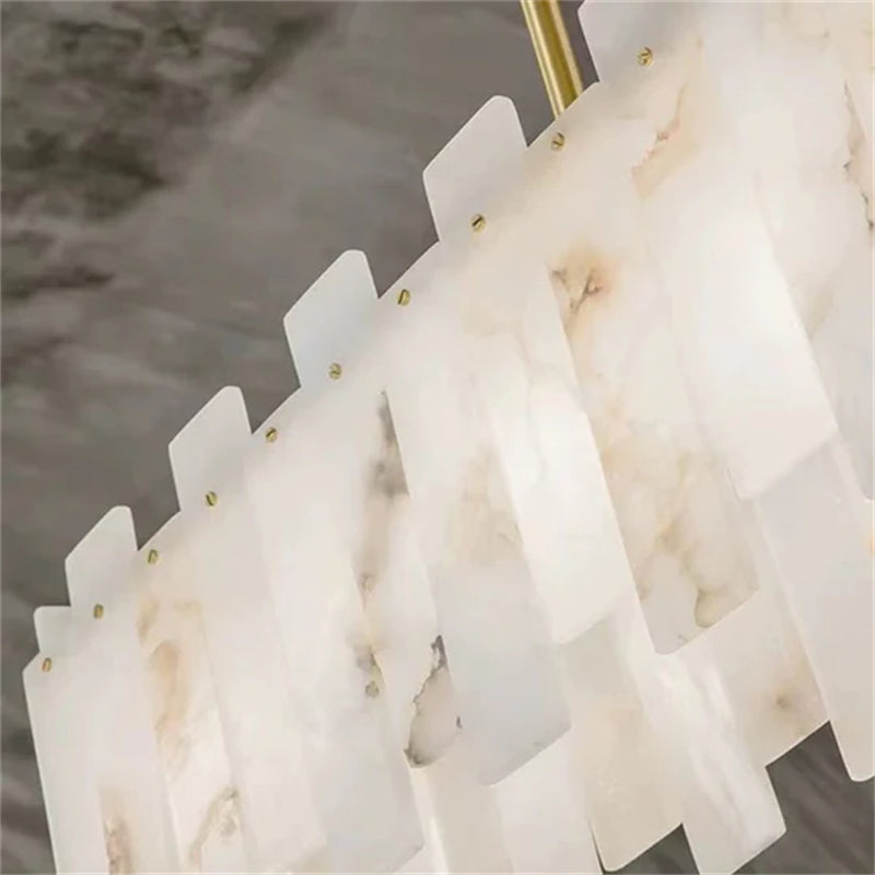 Jean Modern Marble Alabaster Linear Chandelier Over Dining Table chandelier Kevin Studio Inc   