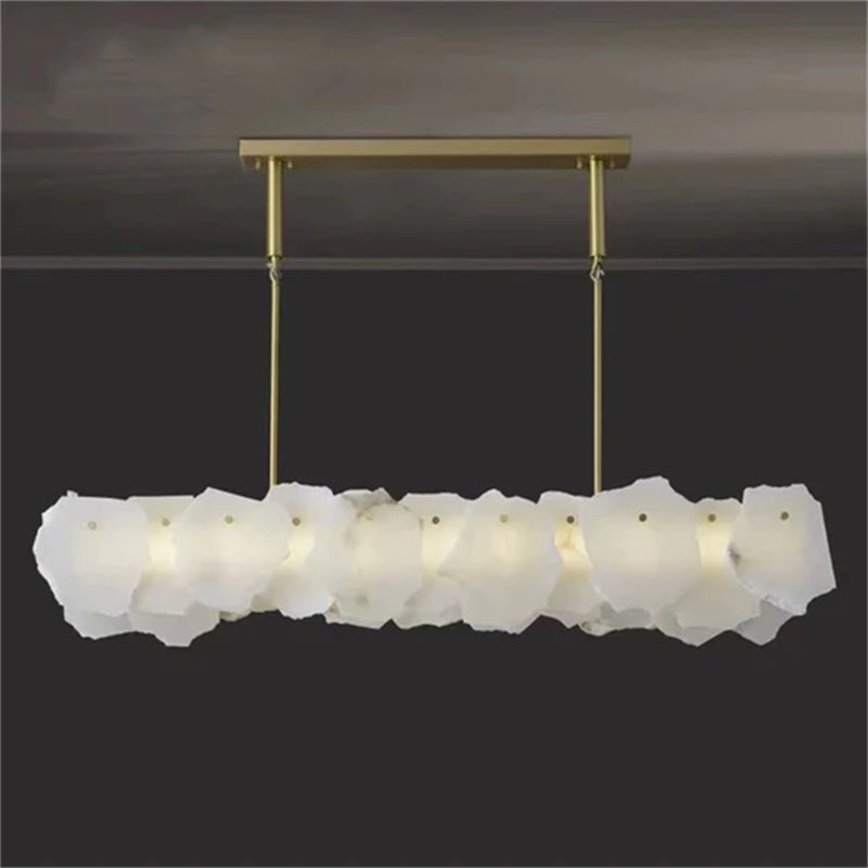 Carlos Alabaster Modern Snowflake Linear Chandelier Over Dining Table chandelier Kevin Studio Inc   