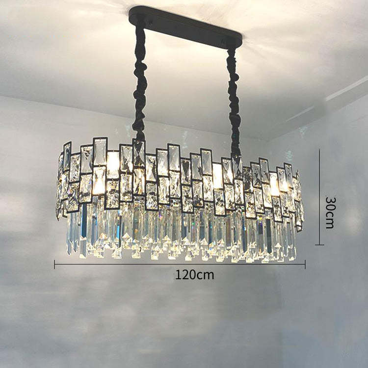 Emery Modern Crystal Linear Chandelier Over Dining Table Chandeliers Kevin Studio Inc   