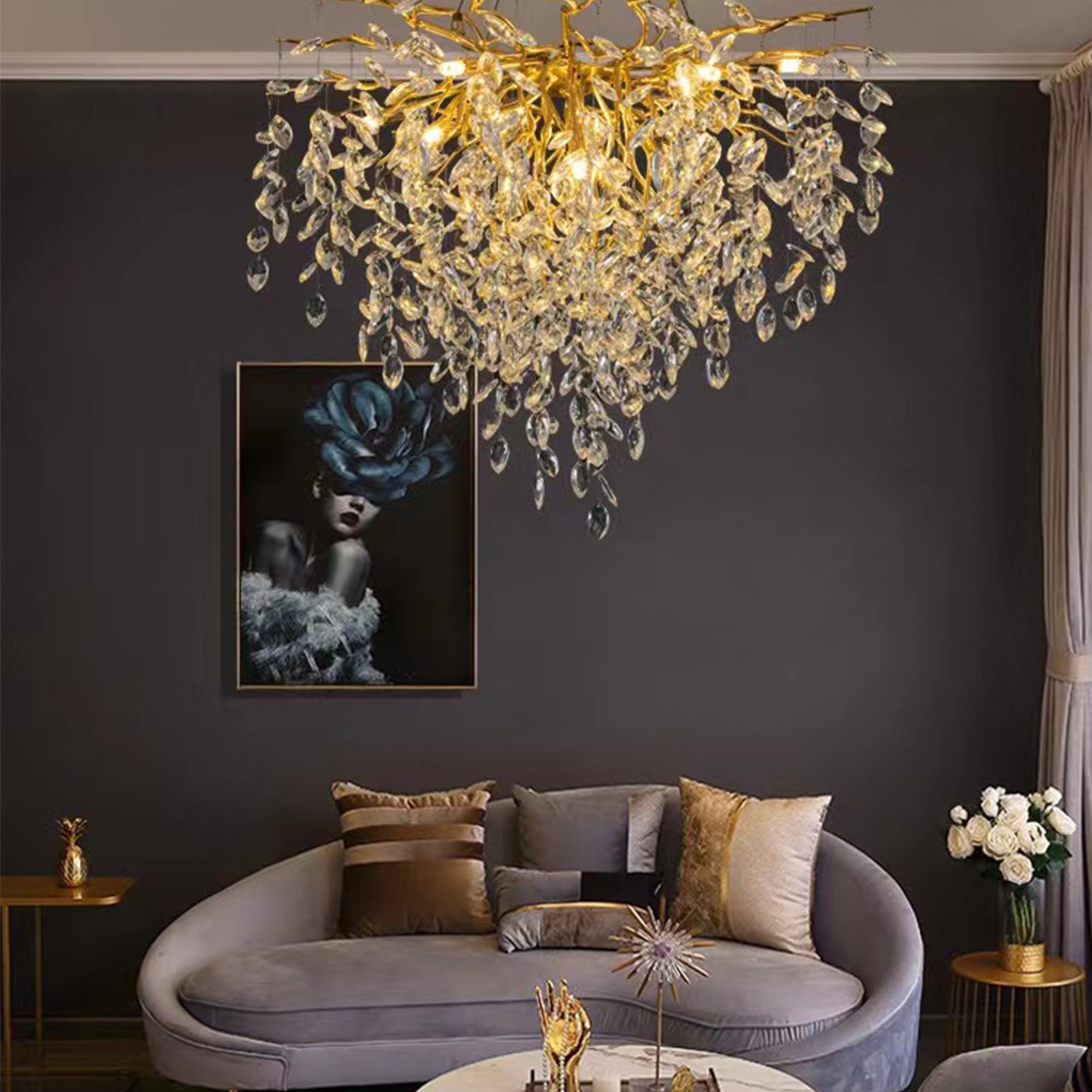 Helios Modern Round Gold Clear Crystal Branch Chandelier For Living Room Branch Chandelier Kevin Studio Inc   