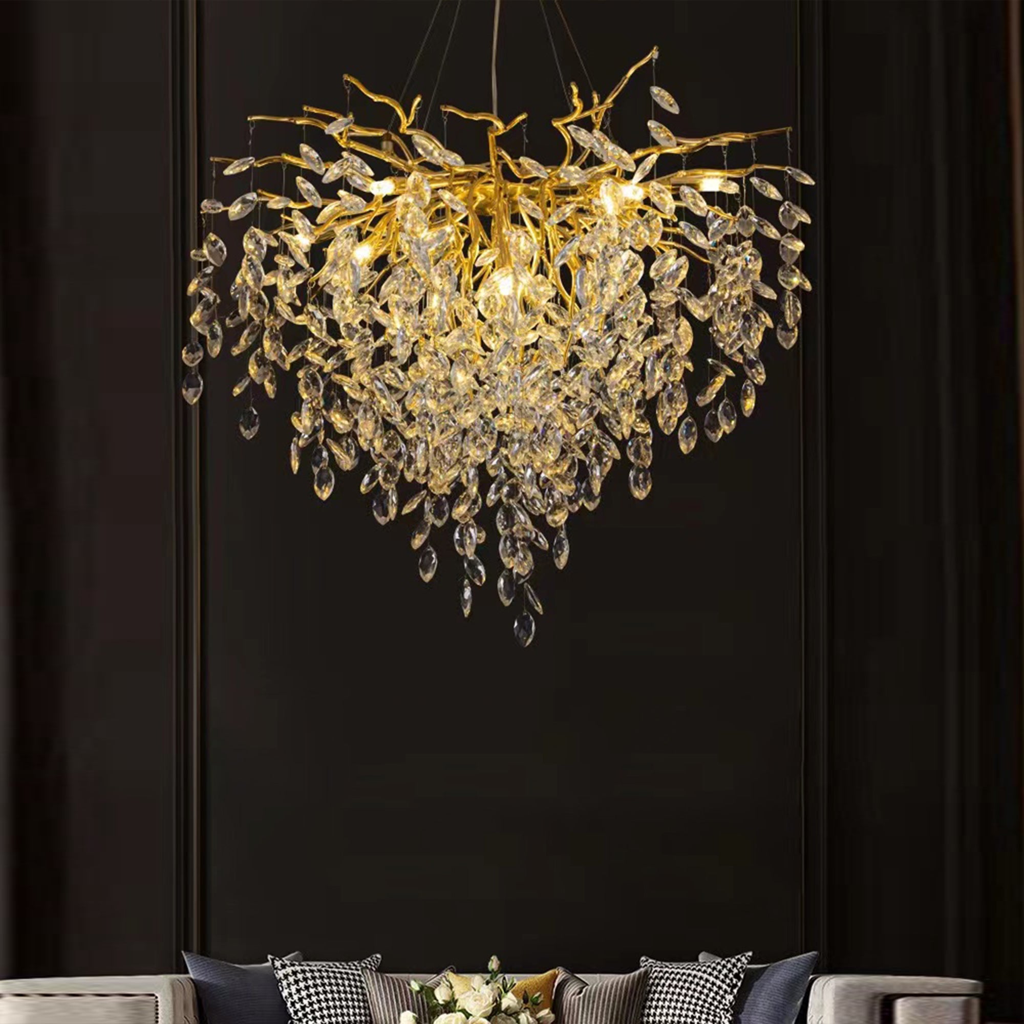 Helios Modern Round Gold Clear Crystal Branch Chandelier For Living Room Branch Chandelier Kevin Studio Inc   