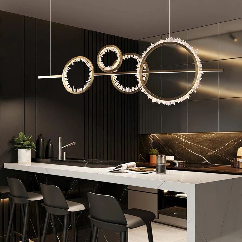 Dudek Modern Rock Crystal Gear Chandelier Over Dining Table, Kitchen Island Chandelier Chandelier Kevin Studio Inc 4 Rings  