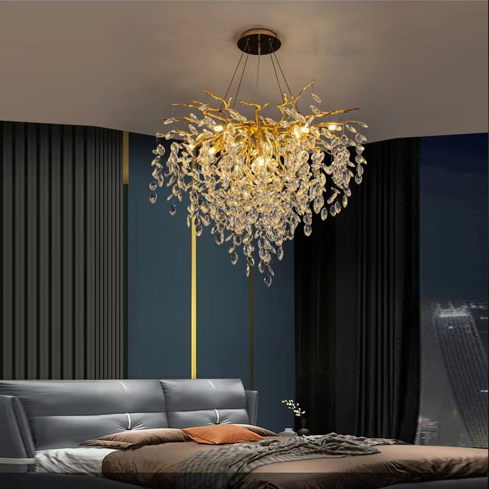 Helios Modern Oval Gold Clear Crystal Branch Chandelier For Living Room Branch Chandelier Kevin Studio Inc   